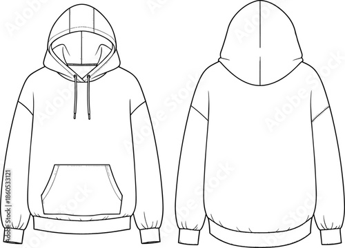 Oversized hoodie fashion flat sketch, front back view, kangaroo pocket, drawstring hood, ribbed cuffs, technical cad drawing flat vector illustration.