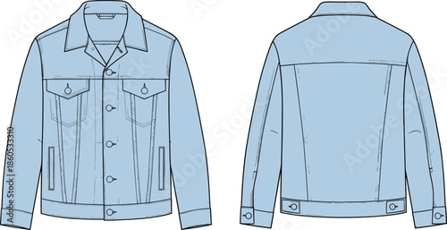 Classic blue denim jacket fashion flat sketch, trucker style, front back view, technical apparel design, cad drawing flat vector illustration.