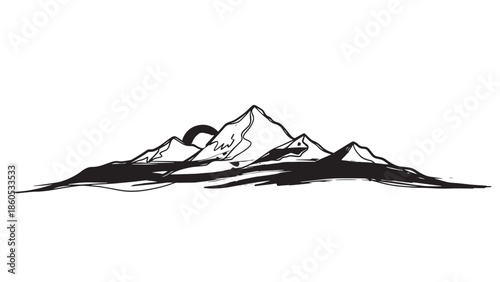 Serene silhouette of a distant mountain range in monochrome landscape scene.