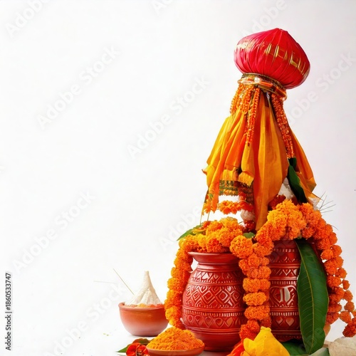 Happy Gudi Padwa Celebration with Traditional Gudi on White Background