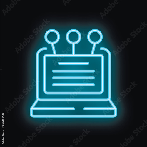 Blue neon icon of an open laptop with three speech bubbles above it, suggesting online surveys and digital feedback