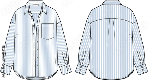 Women oversized striped button down shirt front and back view cad drawing flat vector illustration with chest pocket fashion technical sketch