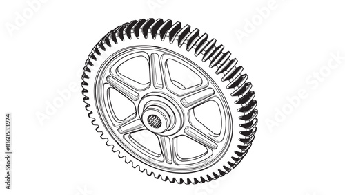 Circular metal gear with pronounced teeth and central hub for mechanical engineering.