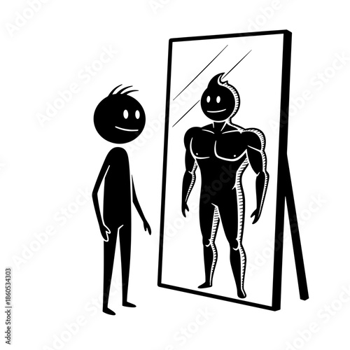 Stick figure facing its own reflection shaped differently, symbolizing self-acceptance  