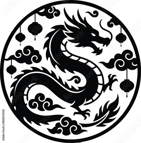 Black silhouette of a dragon in a circle with clouds and lanterns Vector illustration