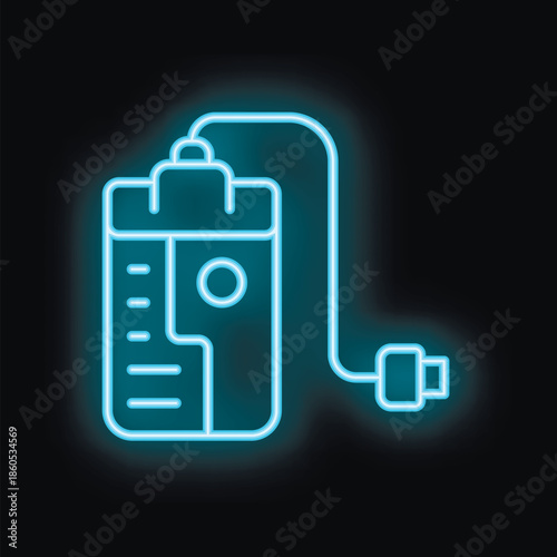 Glowing neon blue icon of an iv bag, symbolizing medical treatment and healthcare