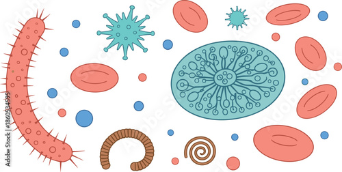Microscopic organisms collection featuring bacteria viruses parasites and red blood cells for medical research science education biology and health disease vector illustration design.