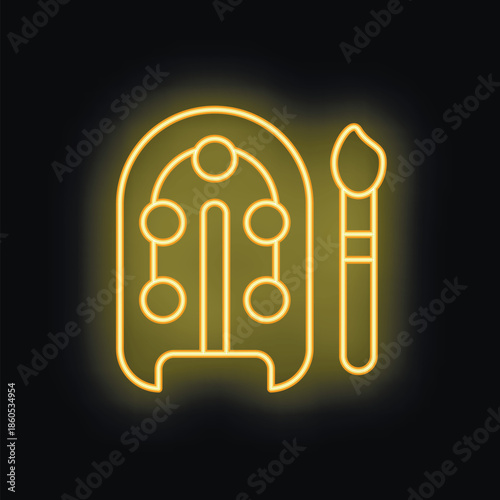 Neon sign representing a phone case with pop it accessory and stylus pen glowing against a black background