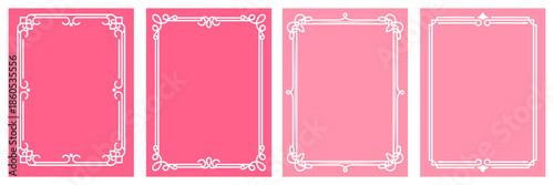 Set of four pink background templates with decorative shiny borders. Collection of vector vertical frames for social media story or greeting card. Eps10