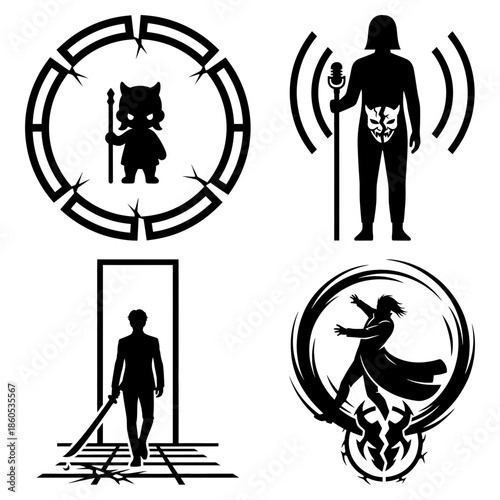 Kpop demon hunter guarding fallen demon symbol and mask of duality vector illustration