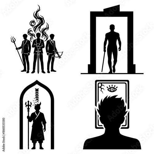 Kpop demon hunter silhouette facing inner shadow and sacred symbol vector illustration