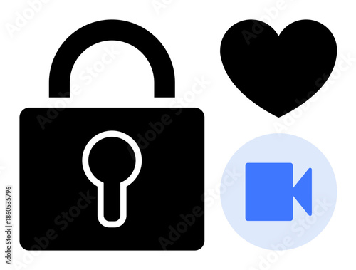 Data privacy, digital security, online communication, video conferencing, user safety, secure connections. Black lock, heart and video camera icons. Data privacy and digital security concept