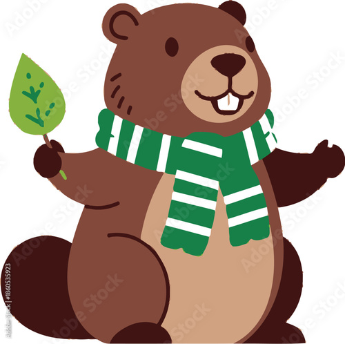 Cute bear in scarf holding leaf and snowflake symbols