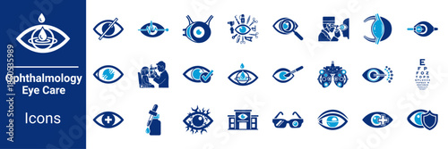 Ophthalmology and Eye Care Icon Set Blue Medical Symbols