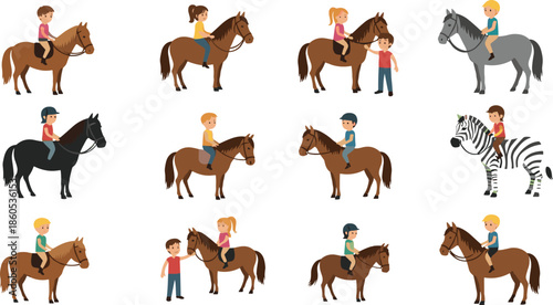 Children riding horses and zebra collection featuring boys and girls in equestrian gear for horseback riding lessons ranch life and animal activities.