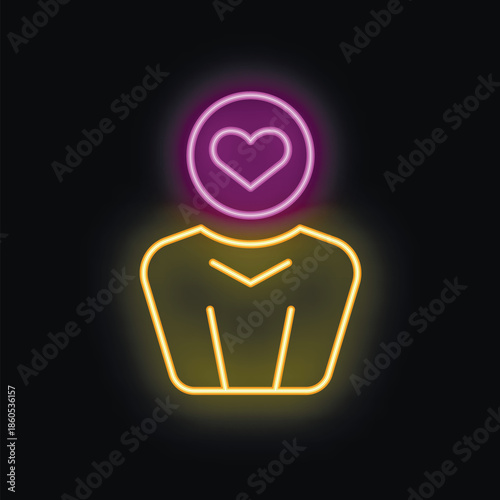 Neon sign depicting a stylized person with a heart shape instead of a head, symbolizing love, passion, and romantic feelings