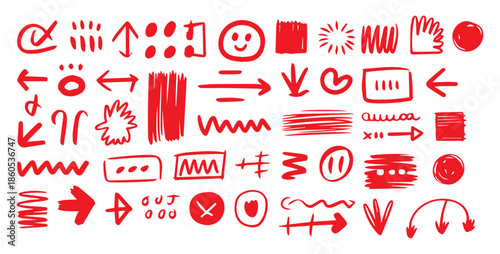 Arrow drawn hand vector line icon set. Hand drawn brush chalk stroke arrow curve, thin pencil scribble shape with vintage charcoal crayon texture. Doodle up down arrow symbol. Vector illustration