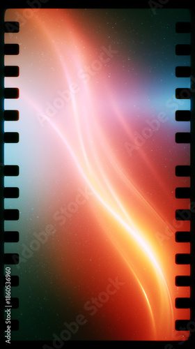 Abstract glowing light wave on colorful gradient background with film sprocket border. Modern cinematic wallpaper for creative projects, motion, energy, and digital art concept.