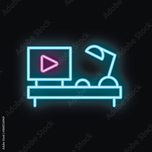 Blue neon sign of a modern treadmill with tv for training in a gym, isolated on a black background