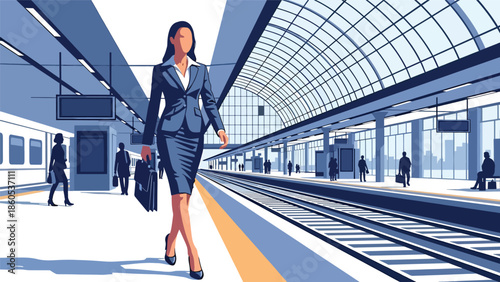 Modern vector illustration of business traveler in modern train station with briefcase, multimodal corporate transportation concept