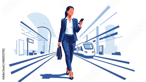 Modern vector illustration of business traveler in modern train station with briefcase, multimodal corporate transportation concept