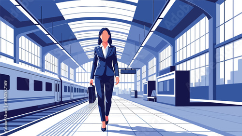 Modern vector illustration of business traveler in modern train station with briefcase, multimodal corporate transportation concept
