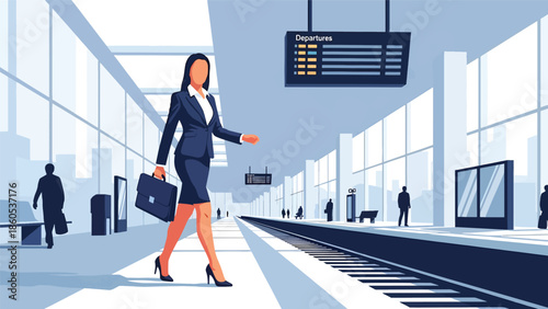 Modern vector illustration of business traveler in modern train station with briefcase, multimodal corporate transportation concept