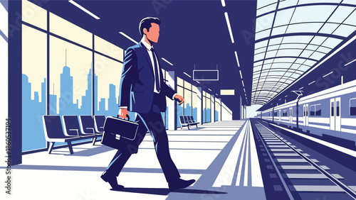 Modern vector illustration of business traveler in modern train station with briefcase, multimodal corporate transportation concept