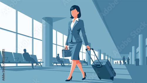 Modern vector illustration of business traveler pulling suitcase through airport terminal, professional corporate travel concept ideal for business mobility and global work visuals