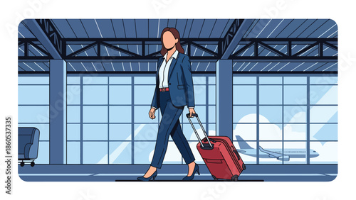 Modern vector illustration of business traveler pulling suitcase through airport terminal, professional corporate travel concept ideal for business mobility and global work visuals