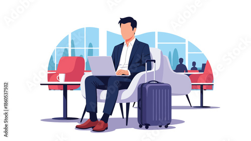 Modern vector illustration of executive working in airport lounge with laptop and suitcase, premium business travel lifestyle and corporate productivity concept