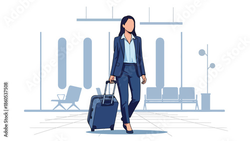 Modern vector illustration of business traveler pulling suitcase through airport terminal, professional corporate travel concept ideal for business mobility and global work visuals