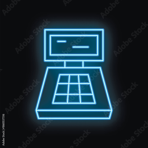 Blue neon sign of a cash register with blank screen, isolated on black background
