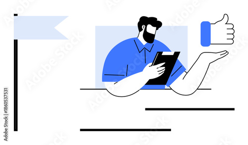 Business approval, achievement recognition, goal setting, leadership, professional evaluation, task management. Man holding clipboard with thumbs-up and flag. Approval and achievement recognition