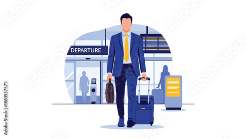 Modern vector illustration of business traveler walking toward departure gate, corporate travel flow and professional journey concept with copy space