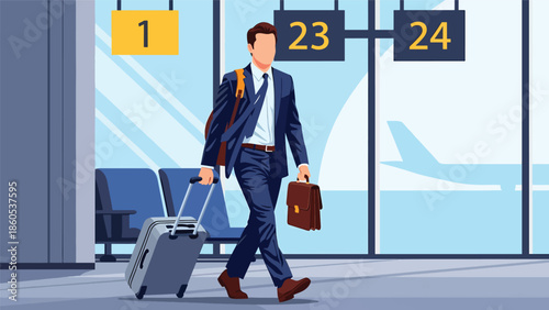 Modern vector illustration of business traveler walking toward departure gate, corporate travel flow and professional journey concept with copy space