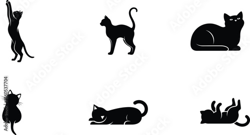 black silhouette cat icons in different poses on white background