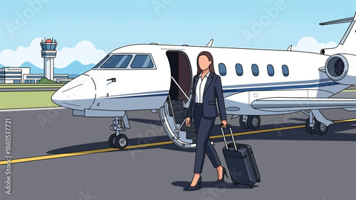 Modern vector illustration of business traveler boarding airplane private jet with carry-on luggage, corporate aviation and professional travel concept