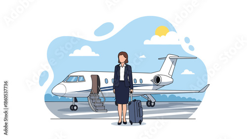 Modern vector illustration of business traveler boarding airplane private jet with carry-on luggage, corporate aviation and professional travel concept
