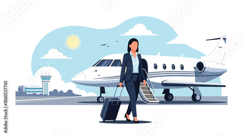 Modern vector illustration of business traveler boarding airplane private jet with carry-on luggage, corporate aviation and professional travel concept