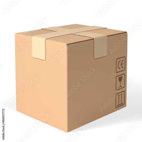 3D cardboard box icon, realistic brown parcel closed with tape and transportation fragile symbols, package vector mockup