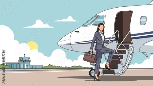 Modern vector illustration of business traveler boarding airplane private jet with carry-on luggage, corporate aviation and professional travel concept
