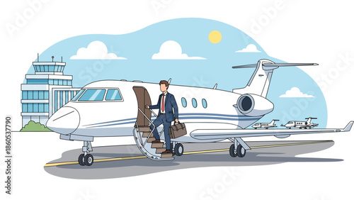 Modern vector illustration of business traveler boarding airplane private jet with carry-on luggage, corporate aviation and professional travel concept