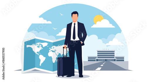 Modern vector illustration of executive standing confidently with suitcase in front of world map, leadership and global business travel concept
