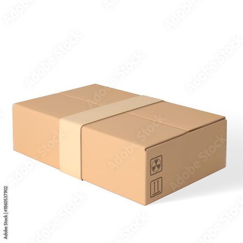 3D cardboard box vector icon, realistic brown carton parcel closed with tape and transportation symbols, package mockup