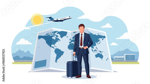 Modern vector illustration of executive standing confidently with suitcase in front of world map, leadership and global business travel concept