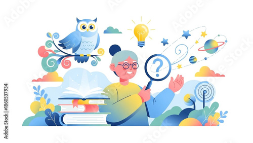 Lifelong Learning Concept with Senior Woman Using Magnifying Glass to Study Science Wisdom and Astronomy