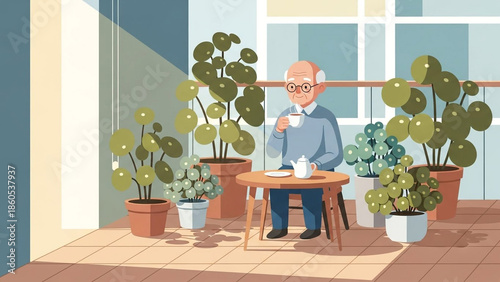 Elderly Man Relaxing and Drinking Tea on a Balcony Filled with Potted Green Plants in a Peaceful Home Setting