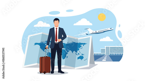 Modern vector illustration of executive standing confidently with suitcase in front of world map, leadership and global business travel concept