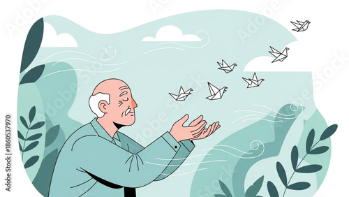 Elderly Man Letting Go of Origami Paper Birds Into the Wind Representing Peace and Freedom Illustration